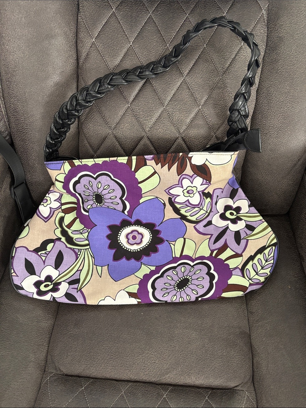 Floral Purple Canvas Shoulder Bag with Braided Black Strap